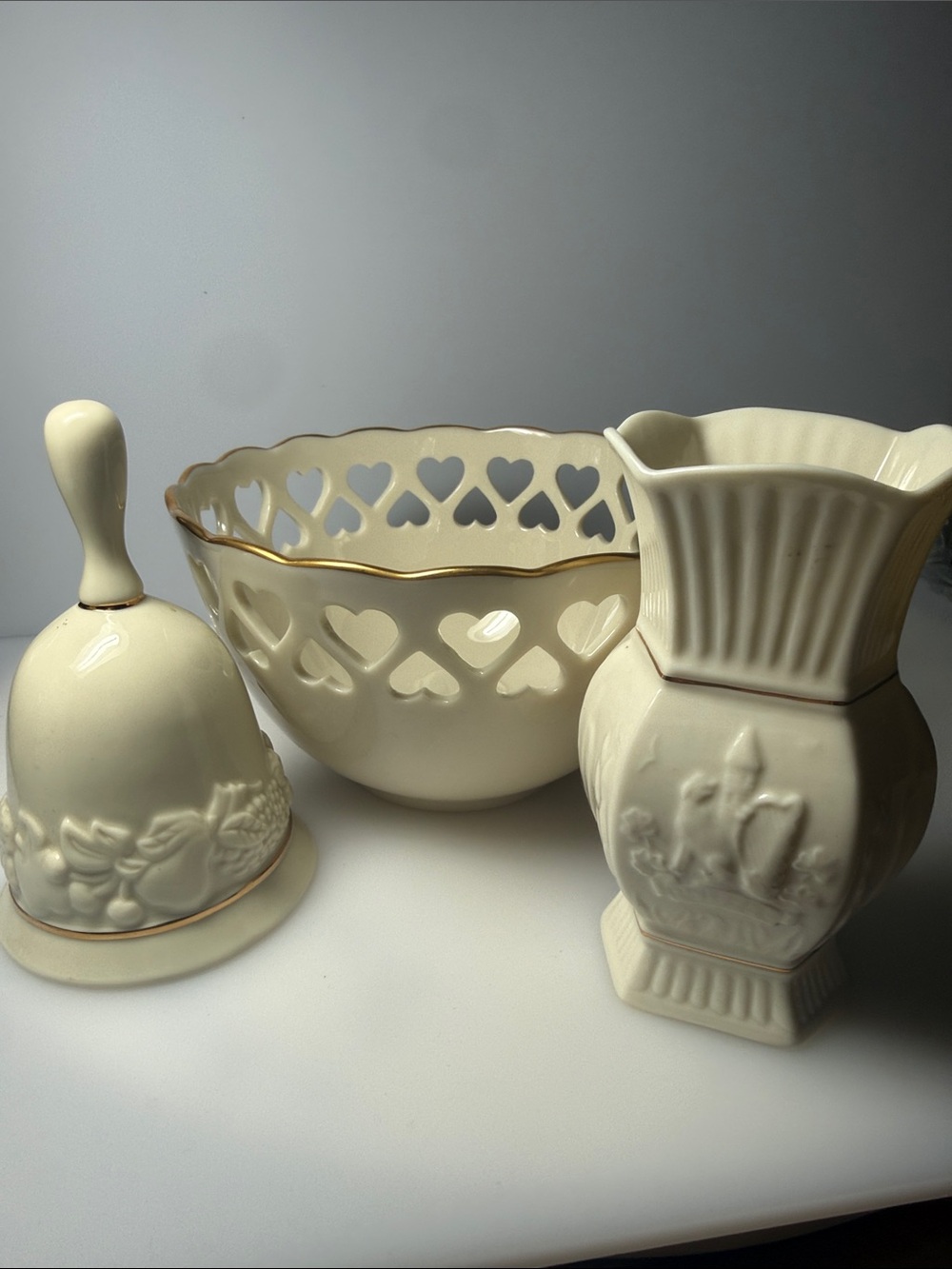 Lenox Set Cream Ceramic Heart Lattice Bowl, Bell and Vase with Gold Trim.